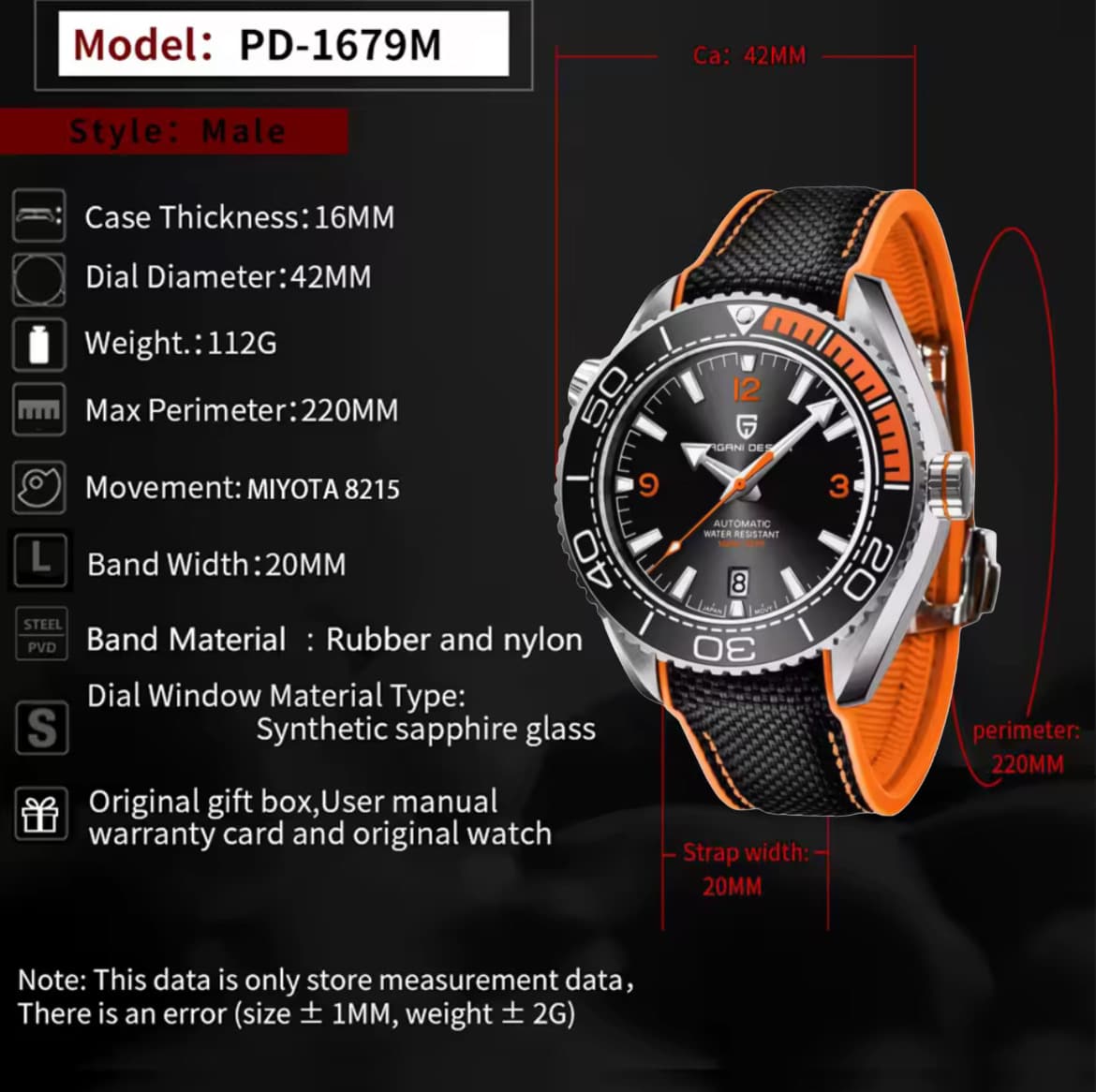 Orologio Pagani Design PD 1679 Subacqueo Automatico Uomo - Arancione