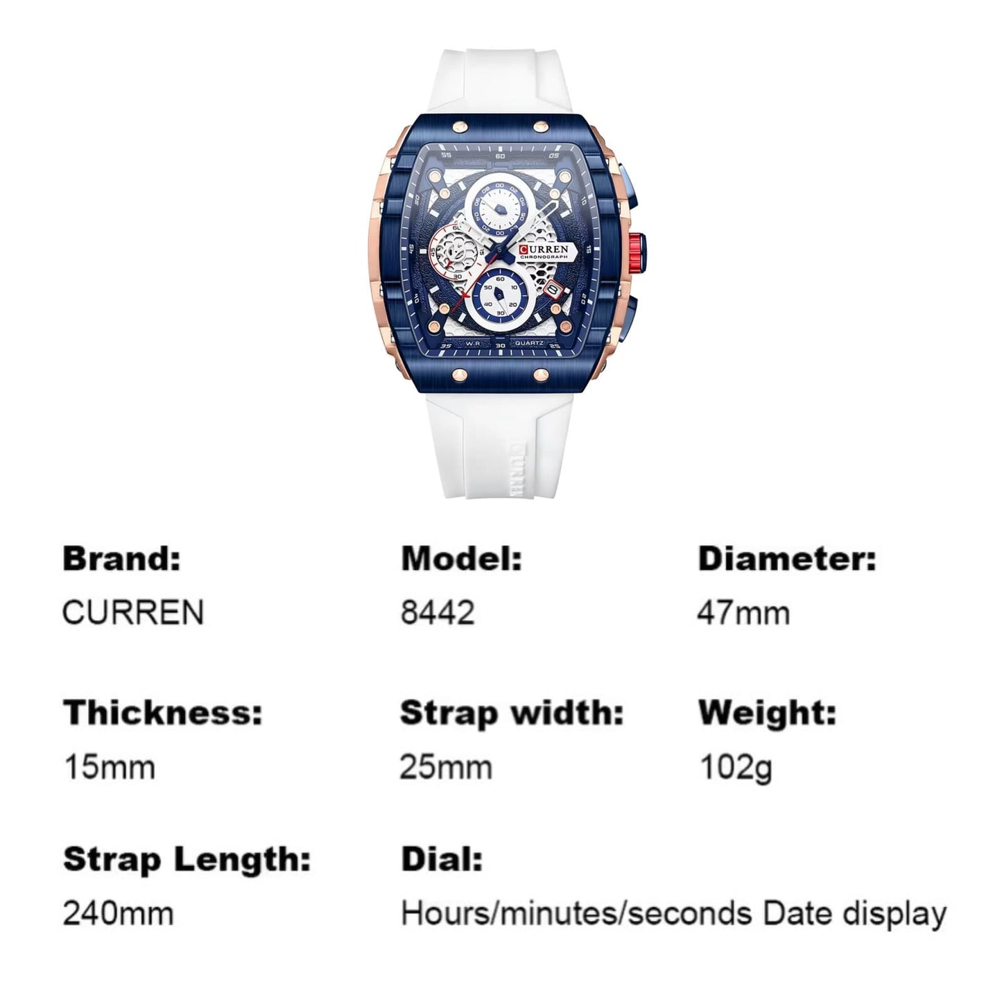 Orologio Curren 8442 Cronografo Tonneau Uomo - Bianco - Watch Lounge Club