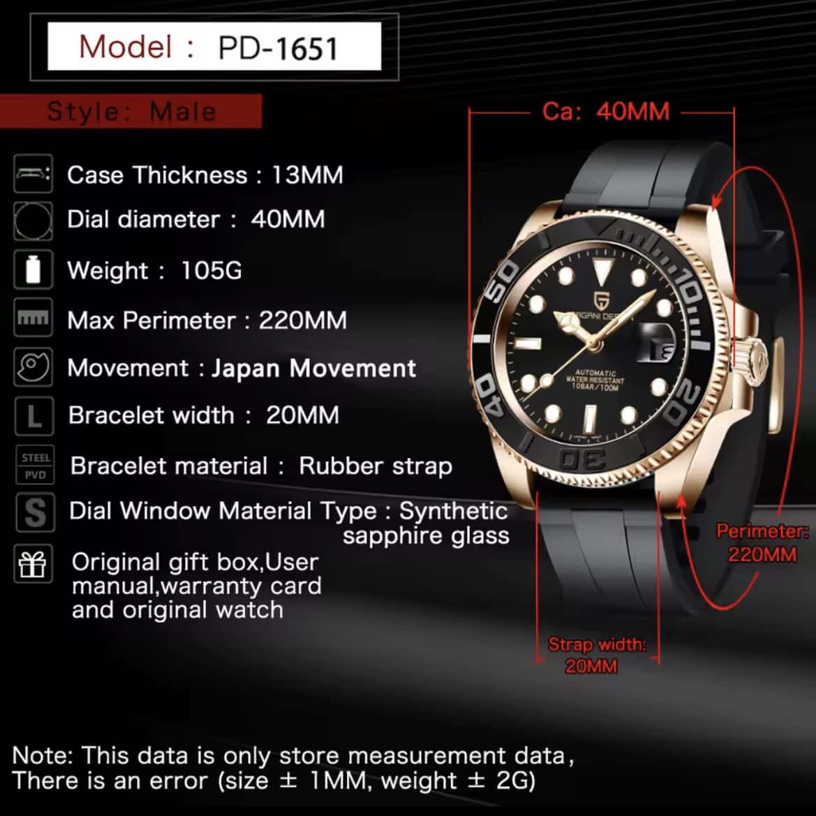 Orologio Pagani Design PD 1651 Subacqueo Automatico Uomo - Nero - Watch Lounge Club