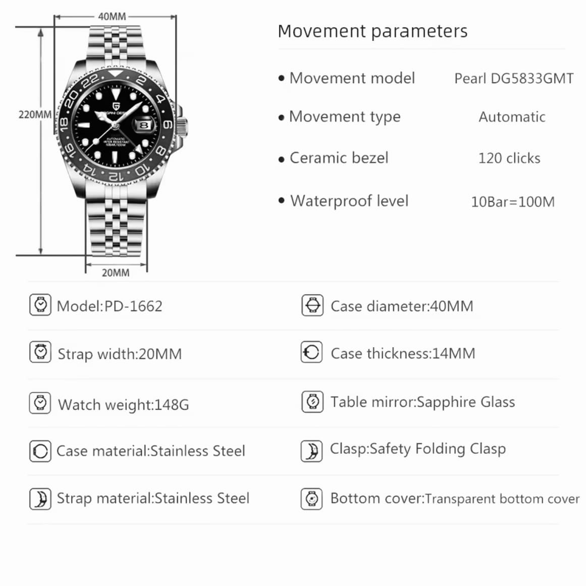 Orologio Pagani Design PD 1662 GMT Automatico Uomo - Jubilee (Nero/Rosso) - Watch Lounge Club