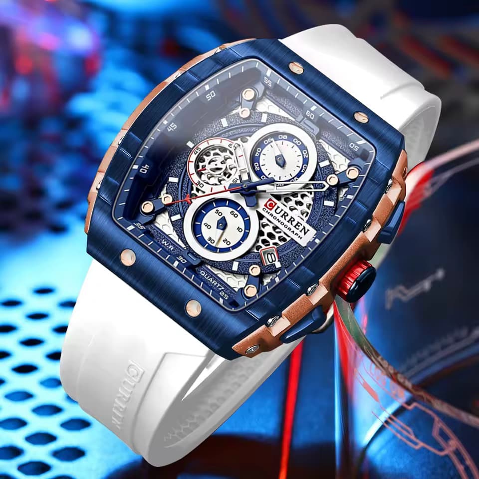 Orologio Curren 8442 Cronografo Tonneau Uomo - Bianco - Watch Lounge Club