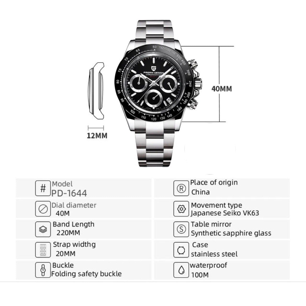 Orologio Pagani Design PD 1644 Cronografo Uomo - Nero - Watch Lounge Club