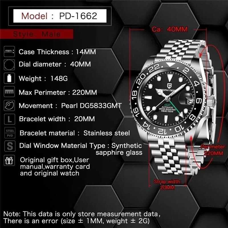 Orologio Pagani Design PD 1662 GMT Automatico Uomo - Nero (Jubilee) - Watch Lounge Club
