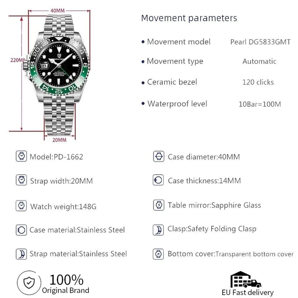 Orologio Pagani Design PD 1662 GMT Automatico Uomo - Verde/Nero (Jubilee) - Watch Lounge Club