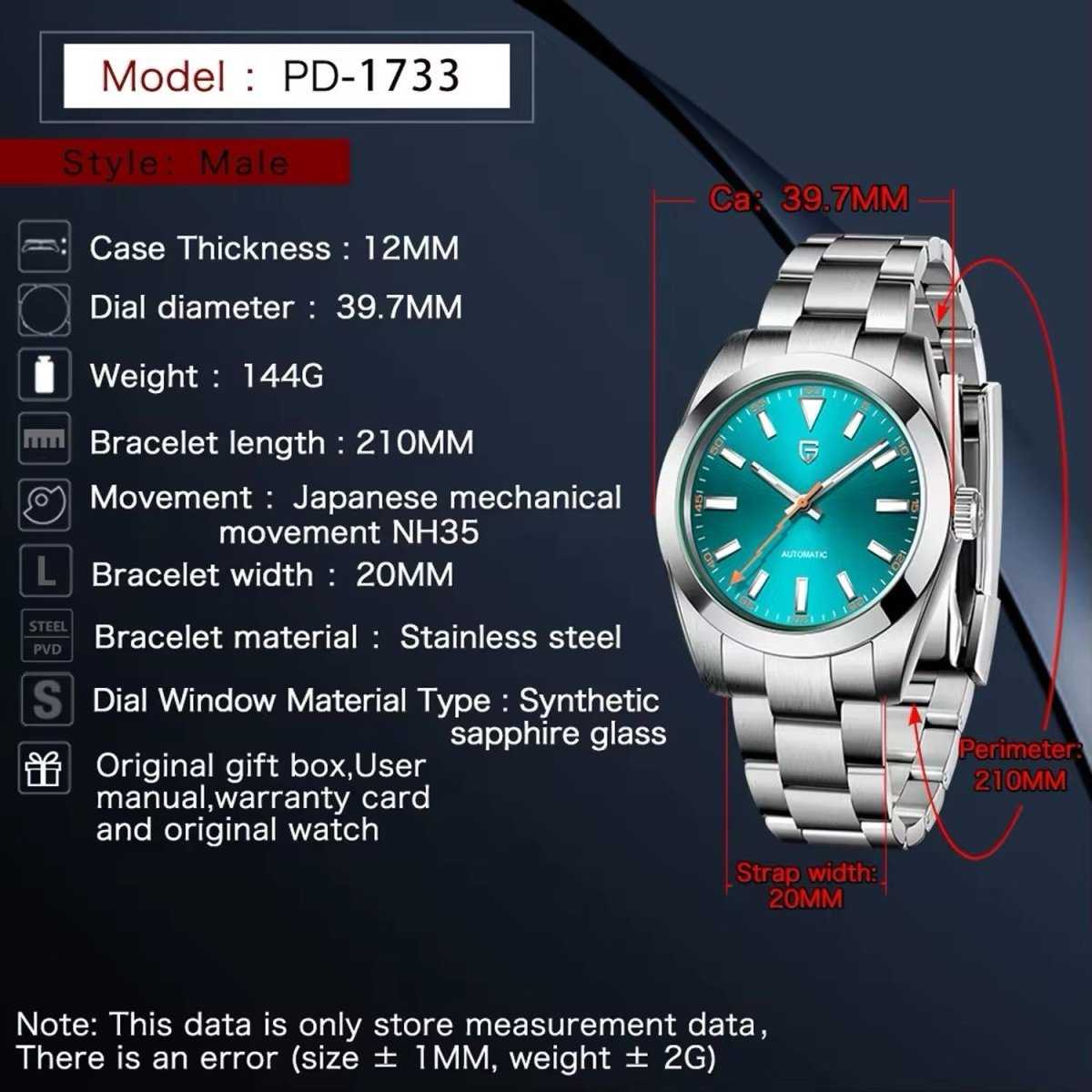 Orologio Pagani Design PD 1733 Automatico (NH35) Uomo - Turchese - Watch Lounge Club