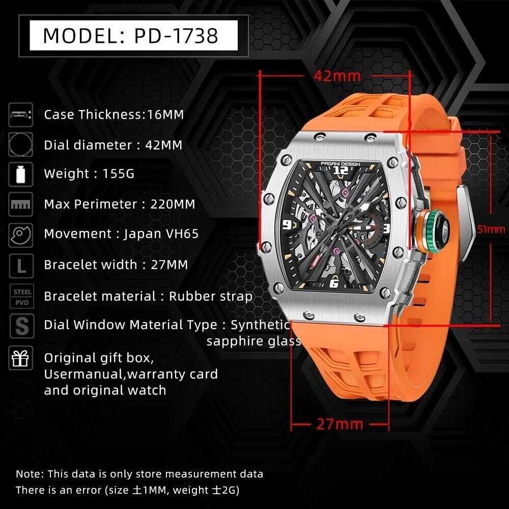 Orologio Pagani Design PD 1738 Skeleton Tonneau Uomo - Arancione - Watch Lounge Club