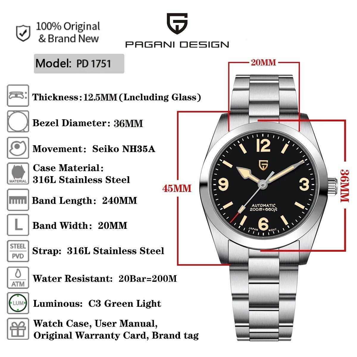 Orologio Pagani Design PD 1751 Automatico (NH35) Uomo - 36mm - Watch Lounge Club