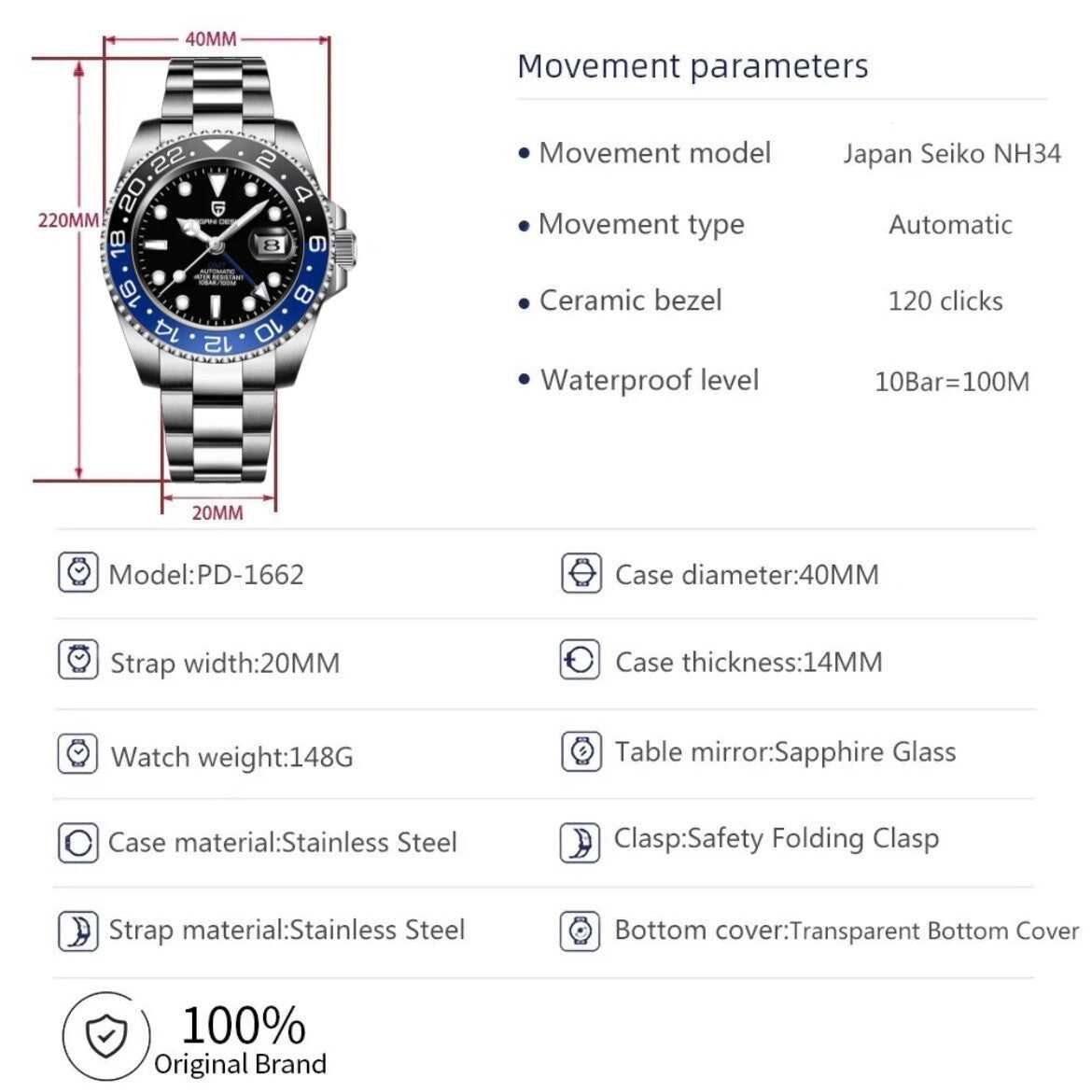 Versione NH34 - Orologio Pagani Design PD 1662 GMT Automatico Uomo - Blu/Nero - Watch Lounge Club