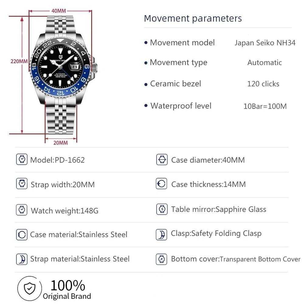 Versione NH34 - Orologio Pagani Design PD 1662 GMT Automatico Uomo - Blu/Nero (Jubilee) - Watch Lounge Club