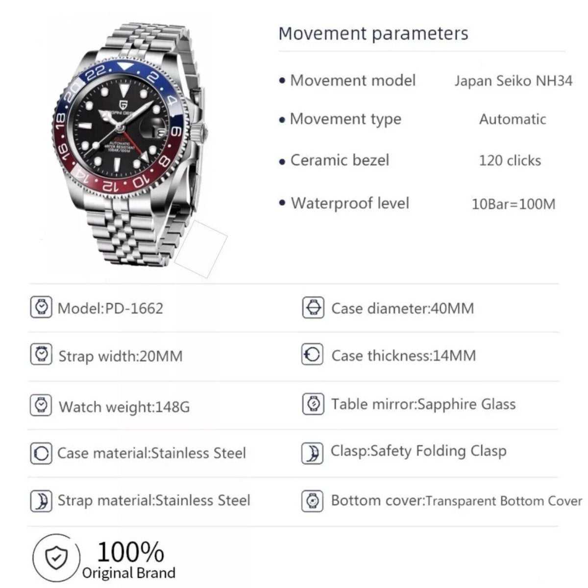 Versione NH34 - Orologio Pagani Design PD 1662 GMT Automatico Uomo - Rosso/Blu (Jubilee) - Watch Lounge Club
