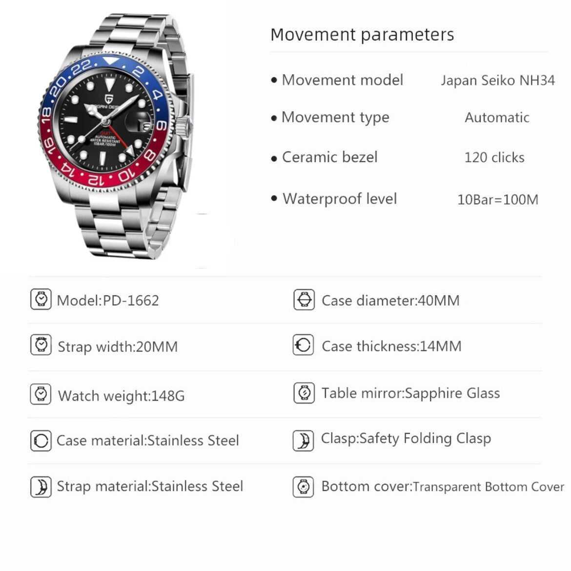 Versione NH34 - Orologio Pagani Design PD 1662 GMT Automatico Uomo - Rosso/Blu - Watch Lounge Club