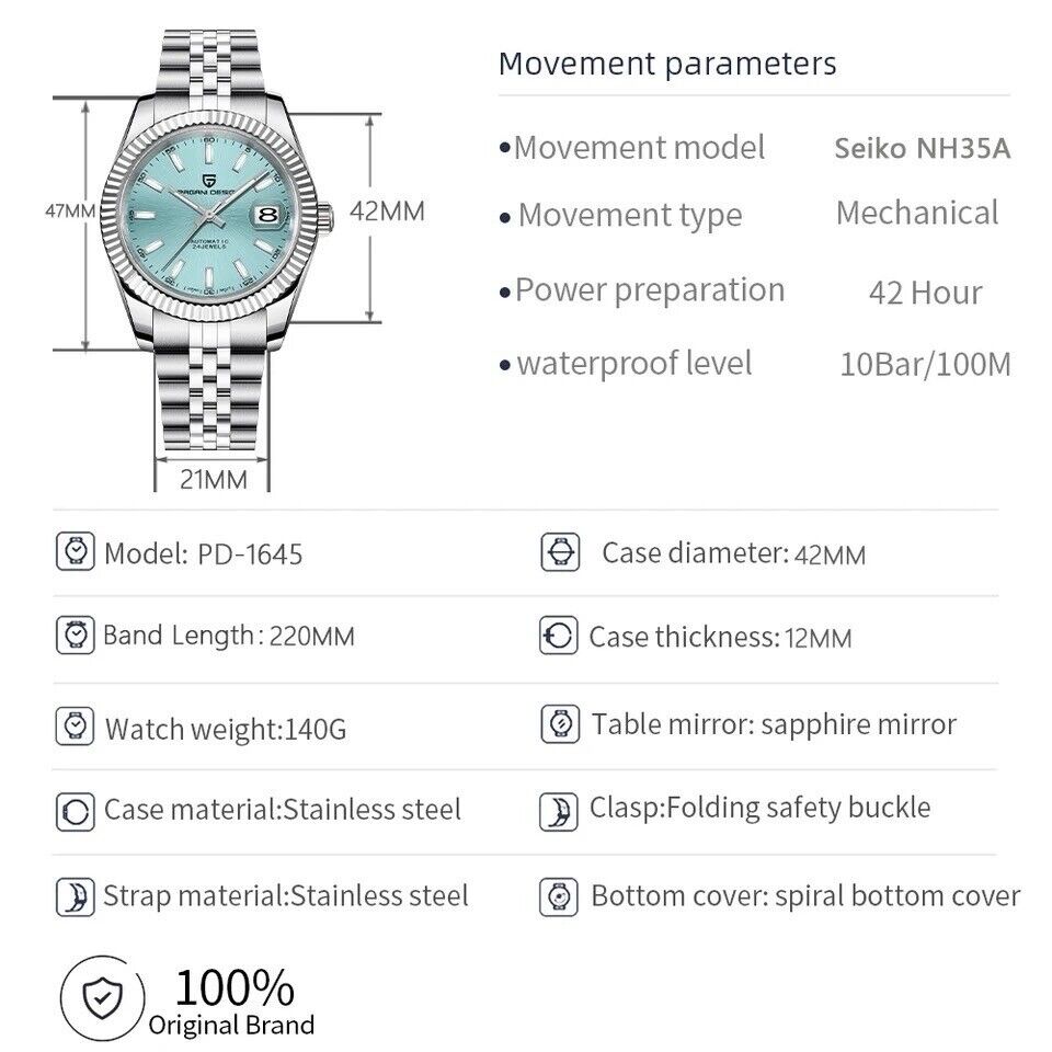 Orologio Pagani Design PD 1645 Automatico (NH35) Uomo  - Celeste - Watch Lounge Club