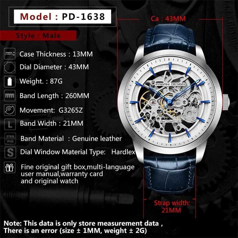 Orologio Pagani Design PD 1638 Automatico Skeleton Uomo - Blu - Watch Lounge Club
