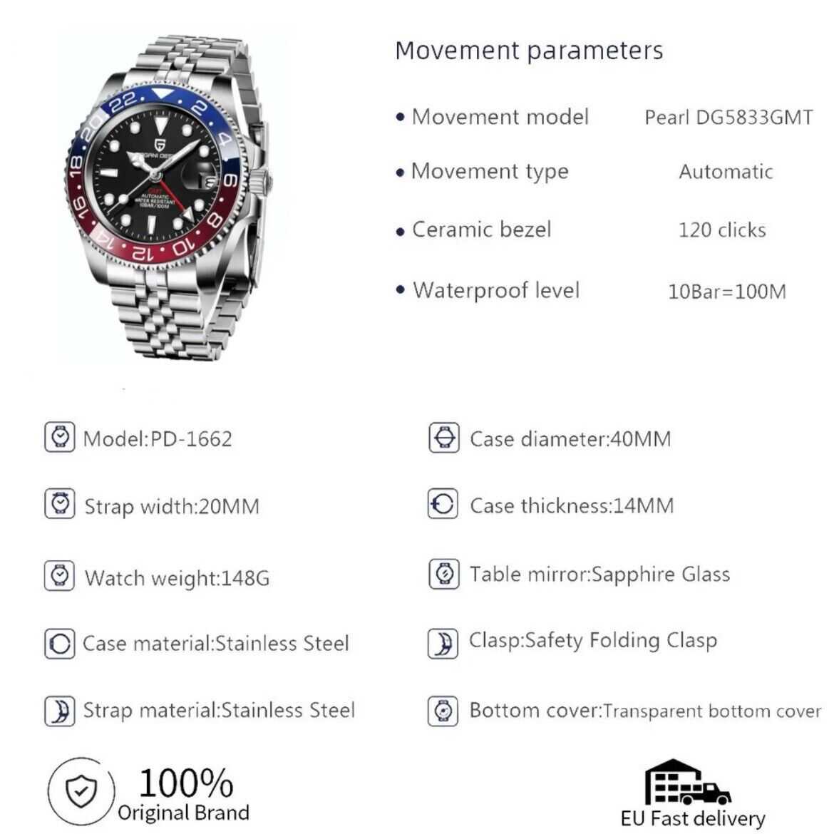 Orologio Pagani Design PD 1662 GMT Automatico Uomo - Rosso/Blu (Jubilee) - Watch Lounge Club