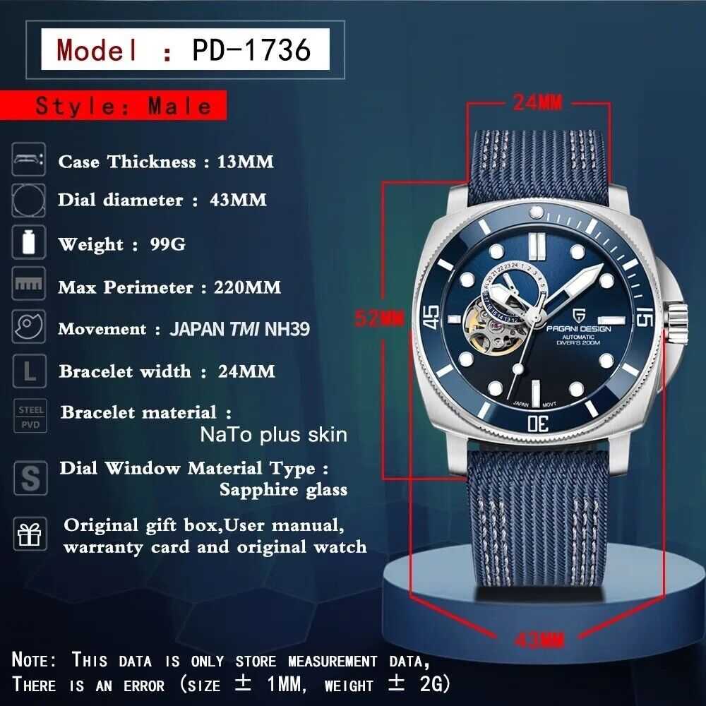 Orologio Pagani Design PD 1736 Automatico Subacqueo Uomo - Blu - Watch Lounge Club