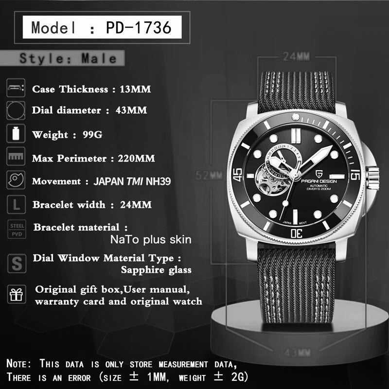 Orologio Pagani Design PD 1736 Automatico Subacqueo Uomo - Nero - Watch Lounge Club