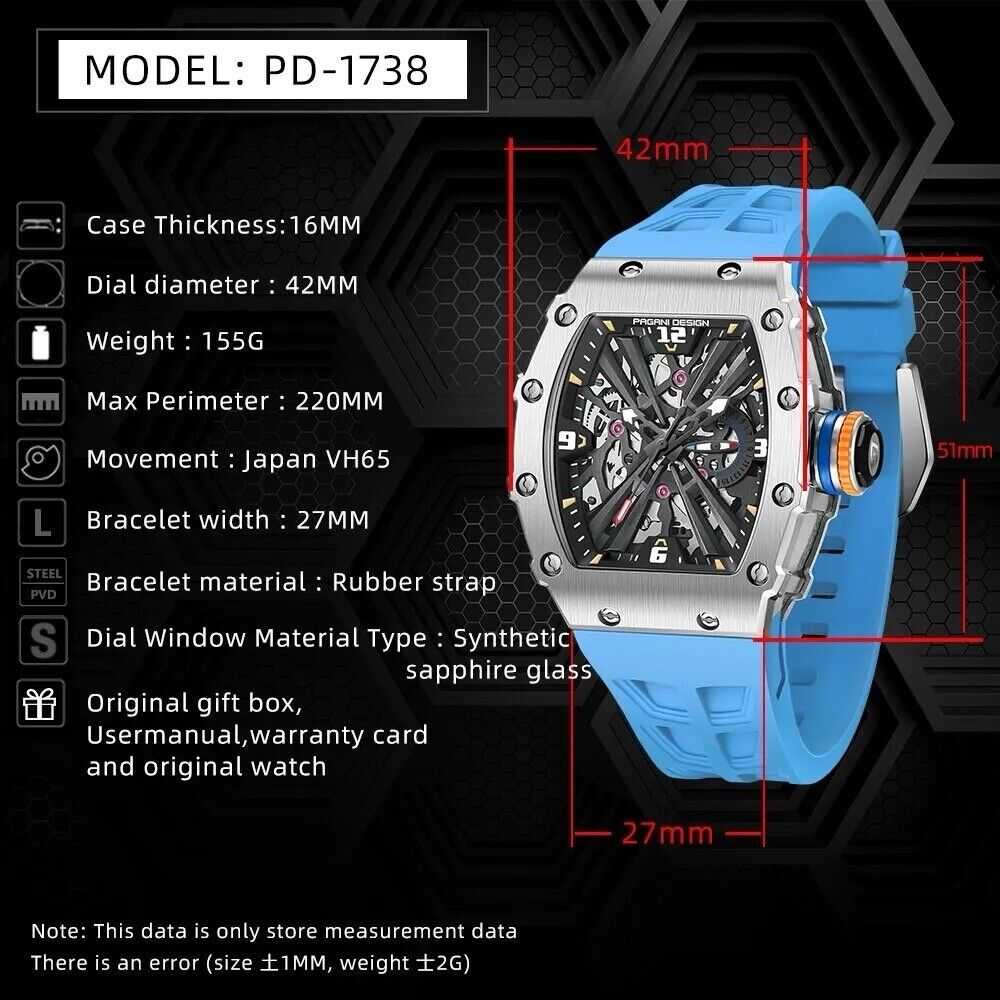 Orologio Pagani Design PD 1738 Skeleton Tonneau Uomo - Azzurro - Watch Lounge Club