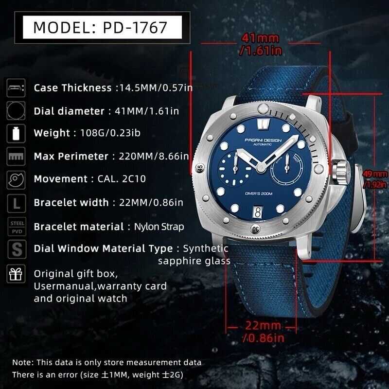 Orologio Pagani Design PD 1767 Subacqueo Automatico Uomo - Blu - Watch Lounge Club