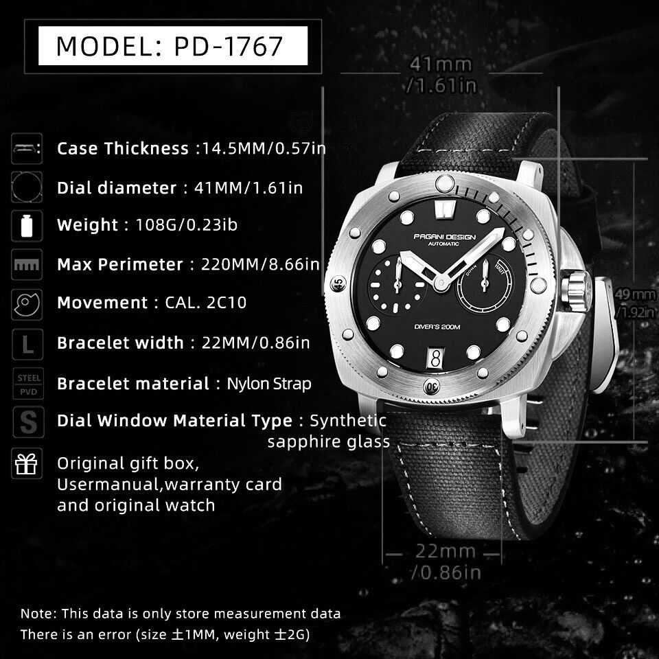 Orologio Pagani Design PD 1767 Subacqueo Automatico Uomo - Nero - Watch Lounge Club